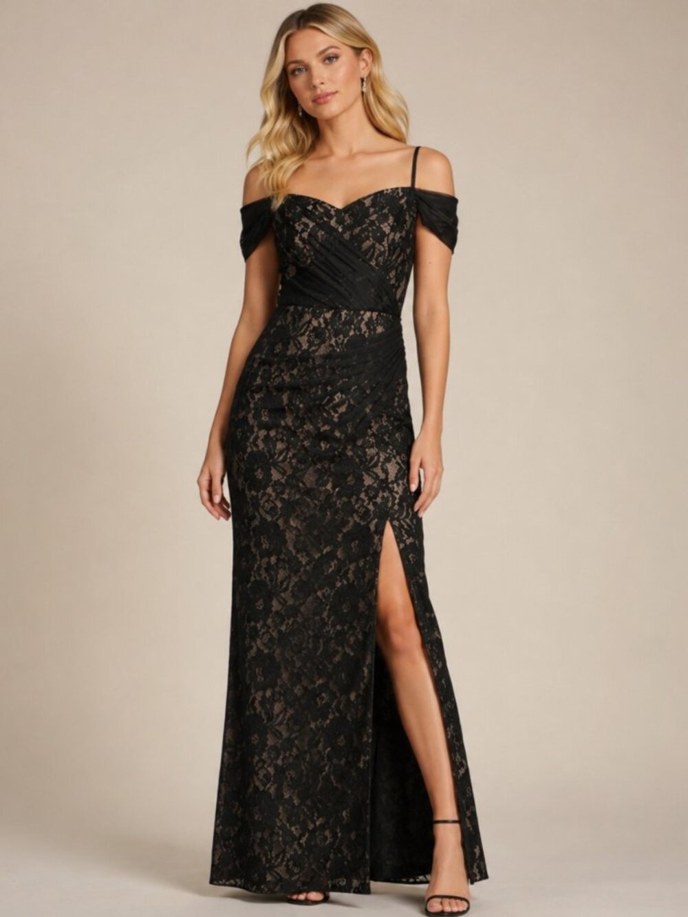 NWT Aidan Mattox Black Nude Lace Off-The-Shoulder Gown Size 8